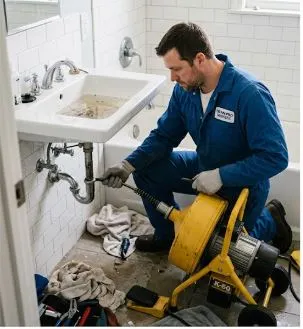 Drain cleaning Montreal — professional plumber clearing clogged sink pipe with drain snake