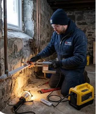 Frozen pipe repair Montreal — licensed plumber safely thawing frozen water supply line