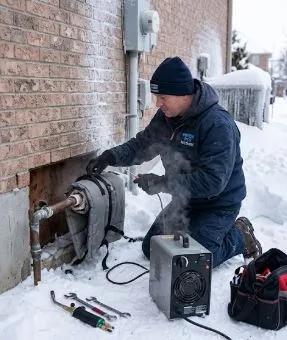 Emergency burst pipe replacement — plumber cutting cracked copper pipe after winter freeze