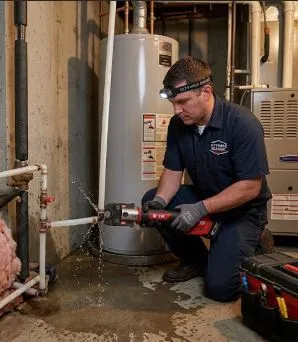 Plumber using acoustic leak detection equipment to locate hidden pipe leak behind drywall
