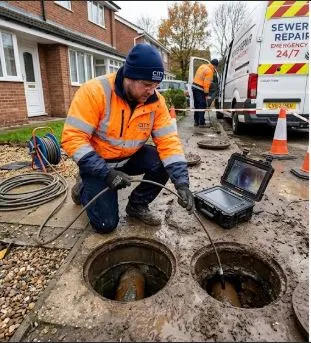 Sewer backup repair Montreal — plumber running sewer camera inspection of main sewer line