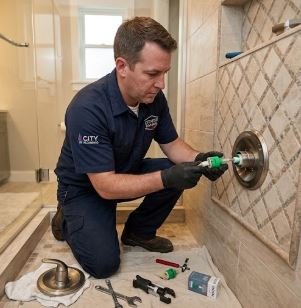 Shower valve replacement Montreal — plumber renewing corroded shower valve body in older home