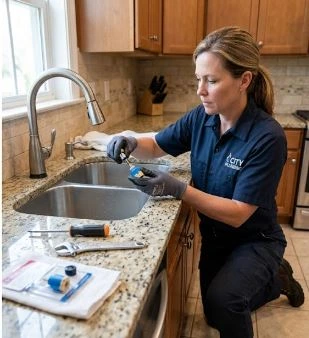 Licensed plumber installing new faucet in Montreal home