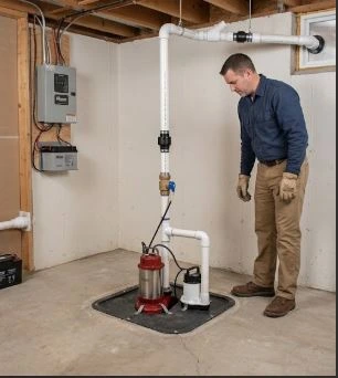 Sump pump discharge pipe with check valve and battery backup unit installed by Montreal plumber